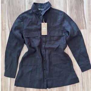 New Crown Linen Designs Black Linen Button Front Utility Shirt  Size S b1